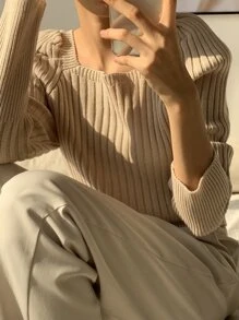 DAZY Ribbed Knit Puff Sleeve Jumper - Apricot - View 2