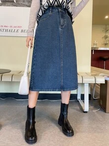 DAZY 高腰斜口袋牛仔裙牛仔裙 - 深色水洗藍 - 查看 7