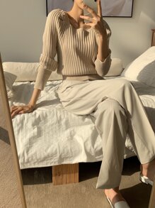 DAZY Ribbed Knit Puff Sleeve Jumper - Apricot - View 3