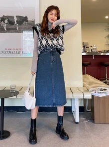 DAZY 高腰斜口袋牛仔裙牛仔裙 - 深色水洗藍 - 查看 8