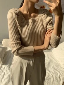 DAZY Ribbed Knit Puff Sleeve Jumper - Apricot - View 4