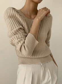 DAZY Ribbed Knit Puff Sleeve Jumper - Apricot - View 6
