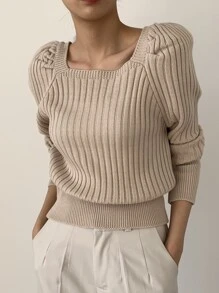 DAZY Ribbed Knit Puff Sleeve Jumper - Apricot - View 7