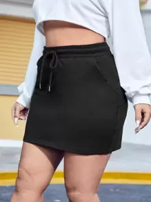 SHEIN EZwear Plus Drawstring Waist Skirt - Black - View 5