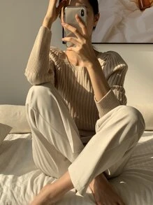 DAZY Ribbed Knit Puff Sleeve Jumper - Apricot - View 8