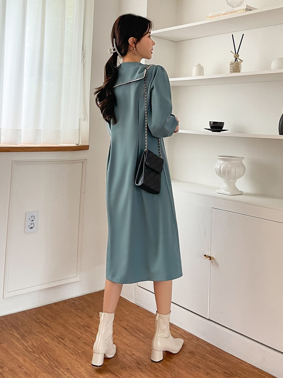 Sailor Collar Bishop Sleeve Fold Pleated Detail Dress