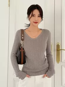 DAZY Solid V Neck Sweater - Mocha Brown - View 1