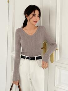 DAZY Solid V Neck Sweater - Mocha Brown - View 3