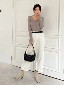 DAZY Solid V Neck Sweater - Mocha Brown - View 5