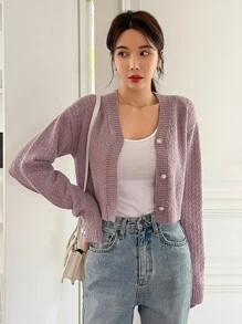 DAZY Drop Shoulder Cable Knit Cardigan,Fall Clothes Jacket - Mauve Purple - View 6