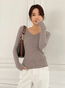 DAZY Solid V Neck Sweater - Mocha Brown - View 6