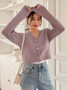 DAZY Drop Shoulder Cable Knit Cardigan,Fall Clothes Jacket - Mauve Purple - View 7