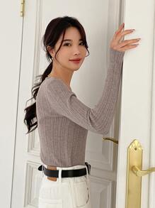 DAZY Solid V Neck Sweater - Mocha Brown - View 7