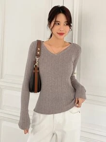 DAZY Solid V Neck Sweater - Mocha Brown - View 8