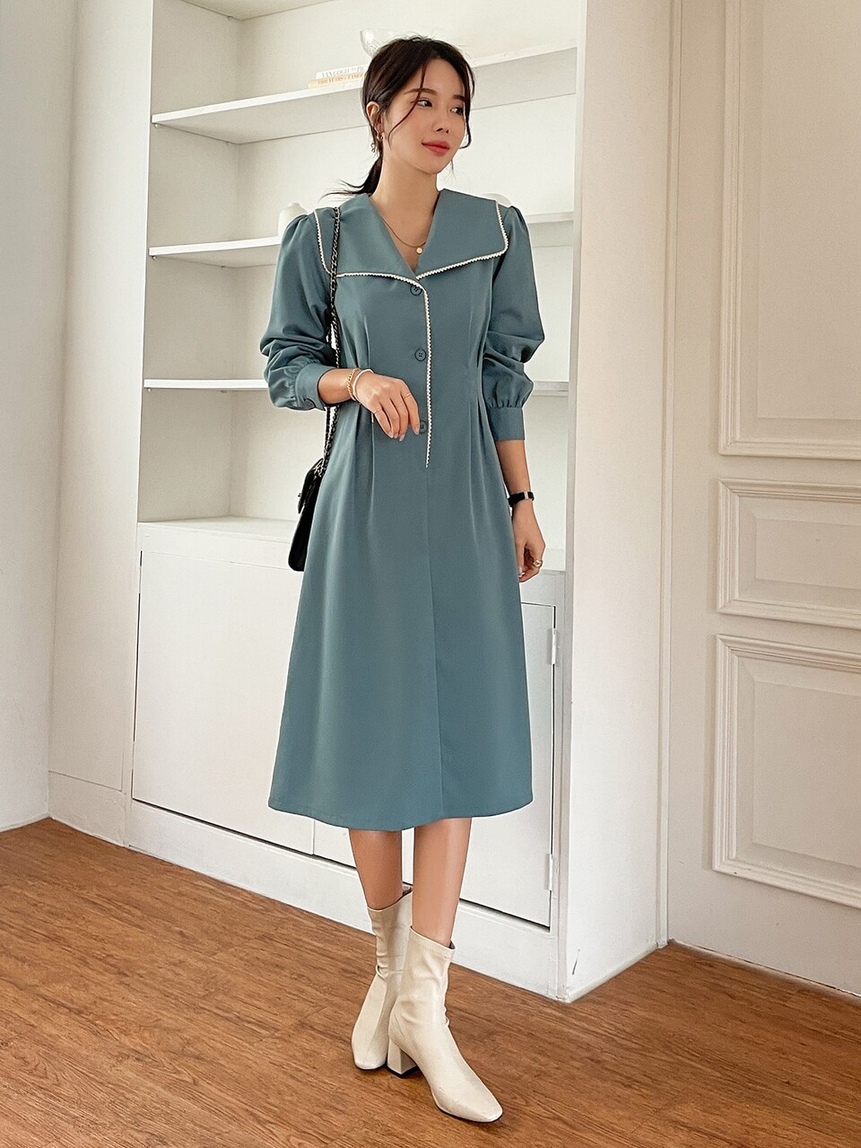 Sailor Collar Bishop Sleeve Fold Pleated Detail Dress
