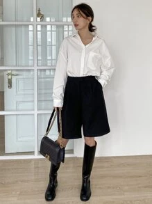 DAZY 高腰斜口袋短裤秋季 - 黑色 - 查看 6