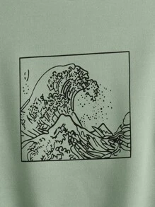 SHEIN Teen Girls' Casual Pullover Hooded Sweatshirt With Wave Print, Long Sleeve - Mint Green - View 3