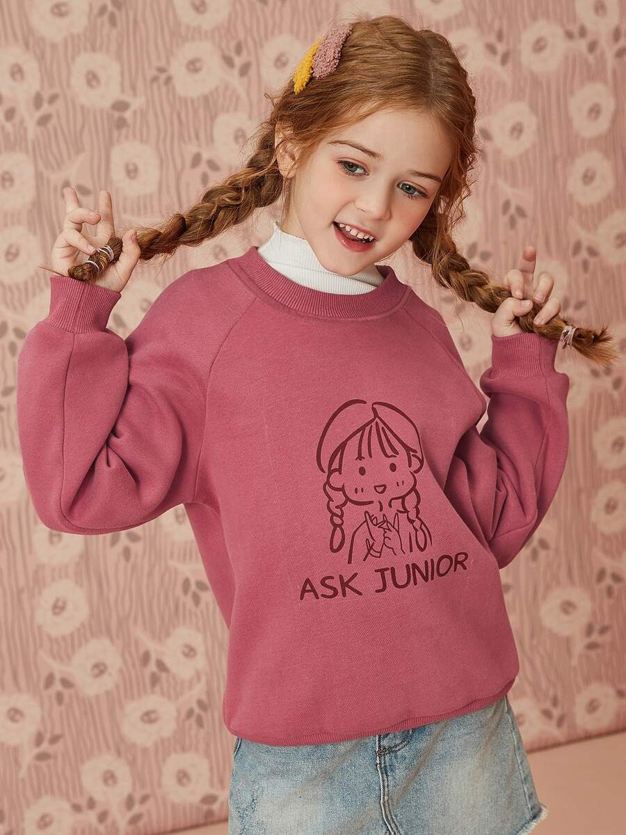 女孩字母和卡通人物印花插肩袖運動衫 - 乾枯玫瑰色 - 查看 1