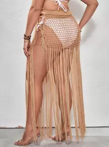 SHEIN Swim Curve 大码钩针流苏下摆罩衫裙 夏季 - 卡其色 - 查看 2