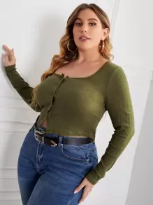 SHEIN Essnce Plus Button Placket Lace Trim Rib-Knit Top T-Shirt - Army Green - View 4