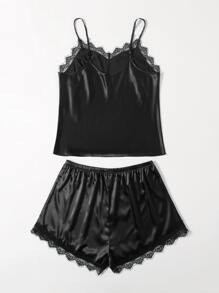 Conjunto de pijama con encaje en contraste de satén - Negro - Ver 2