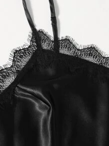 Conjunto de pijama con encaje en contraste de satén - Negro - Ver 4