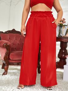 DIANDRA the label 大碼紙袋腰百褶拼塊闊腿褲 - 紅色 - 查看 4