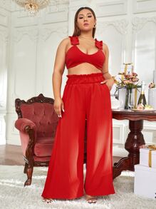 DIANDRA the label 大碼紙袋腰百褶拼塊闊腿褲 - 紅色 - 查看 5