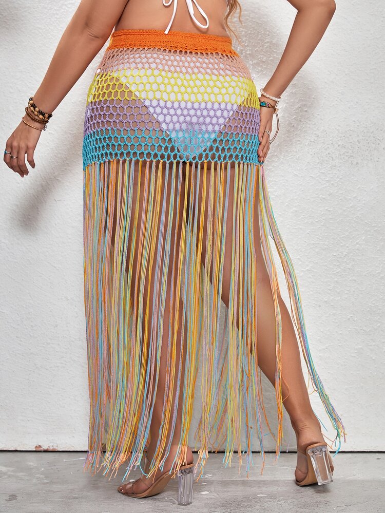 SHEIN Swim Curve 大碼撞色流蘇下擺勾織沙灘纏腰式半身裙 - 彩色 - 查看 2