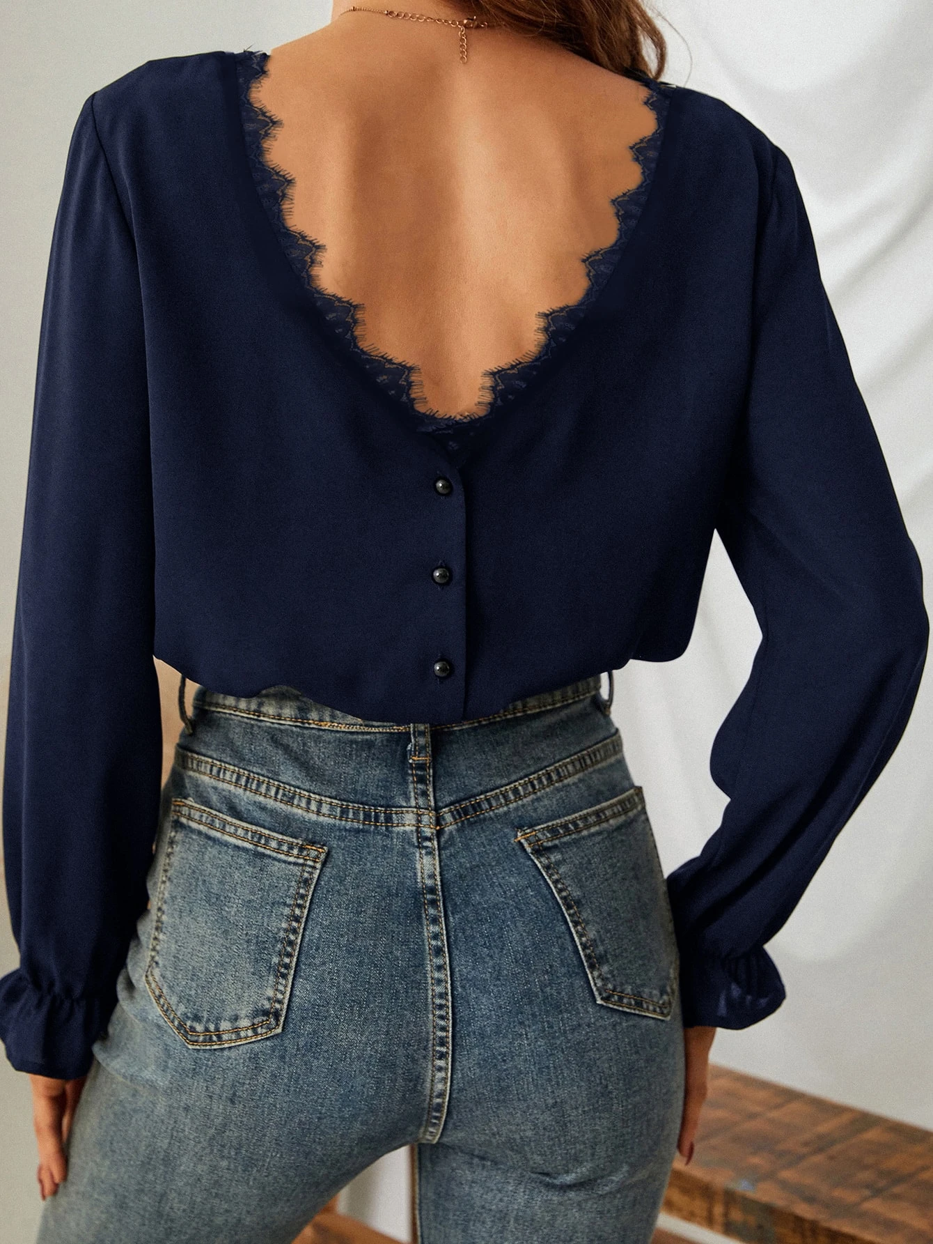 Blusas Mujer Manga Larga Retro Encaje Ribete Botones V Blusas Mujer Manga Larga Retro Encaje Ribete Botones V
