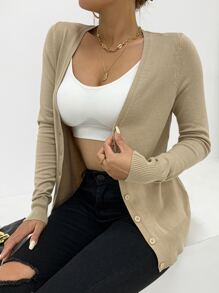 AAmilife Nữ Cardigans Nút phía trước màu trơn Giải trí - Màu Khaki - Xem 4