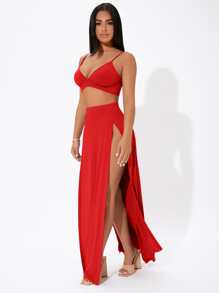 SHEIN PETITE Solid Cami Crop Top & Split Thigh Skirt Set - Red - View 4