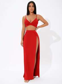 SHEIN PETITE Solid Cami Crop Top & Split Thigh Skirt Set - Red - View 5