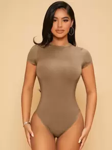 SHEIN PETITE Bộ đồ liền thân ôm sát cơ thể - Màu nâu  Mocha - Xem 4