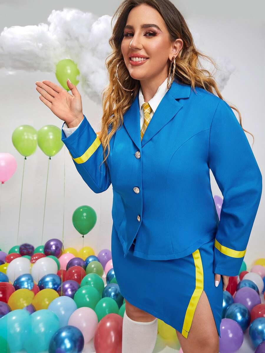 panel en contraste Blazer & Falda bajo con abertura - Azul - Ver 1