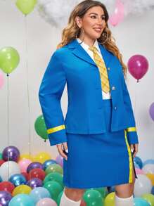 panel en contraste Blazer & Falda bajo con abertura - Azul - Ver 4