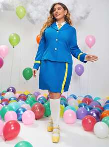 panel en contraste Blazer & Falda bajo con abertura - Azul - Ver 5
