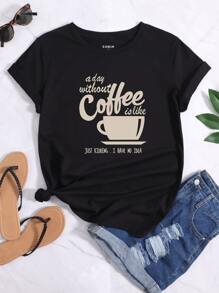 SHEIN LUNE Camiseta con estampado de taza y slogan - Negro - Ver 1