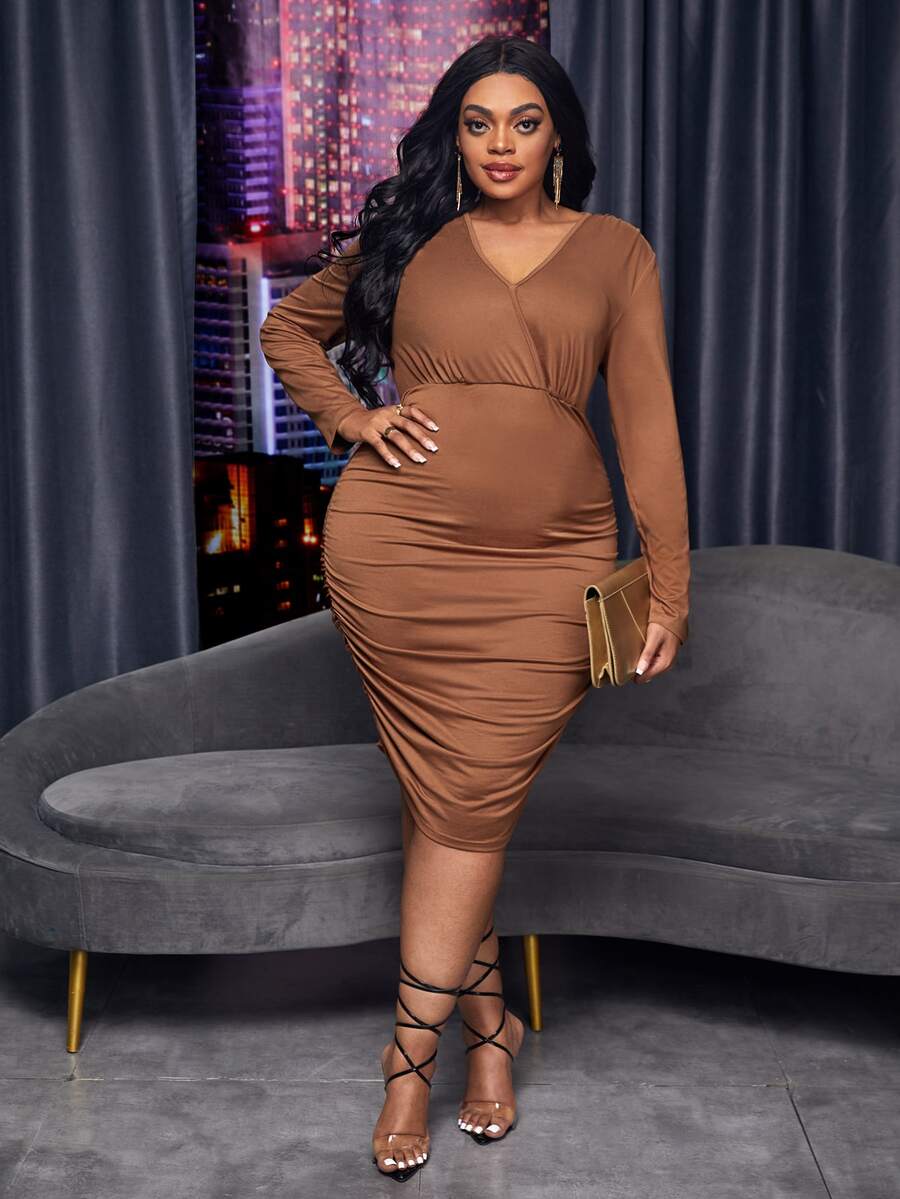 Maweii Plus Surplice Neck Ruched Bodycon Dress - Coffee Brown - View 1