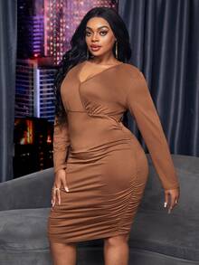 Maweii Plus Surplice Neck Ruched Bodycon Dress - Coffee Brown - View 3