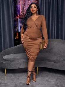 Maweii Plus Surplice Neck Ruched Bodycon Dress - Coffee Brown - View 4