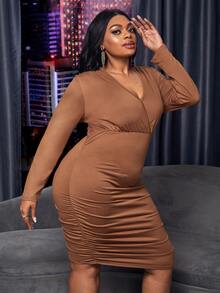 Maweii Plus Surplice Neck Ruched Bodycon Dress - Coffee Brown - View 5