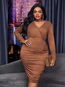 Maweii Plus Surplice Neck Ruched Bodycon Dress - Coffee Brown - View 6