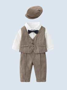Baby Boy Bow Front Bodysuit & Blazer Waistcoat & Suspender Pants & Hat