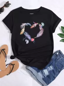 SHEIN LUNE Camiseta con corazón & con estampado de pluma - Negro - Ver 1