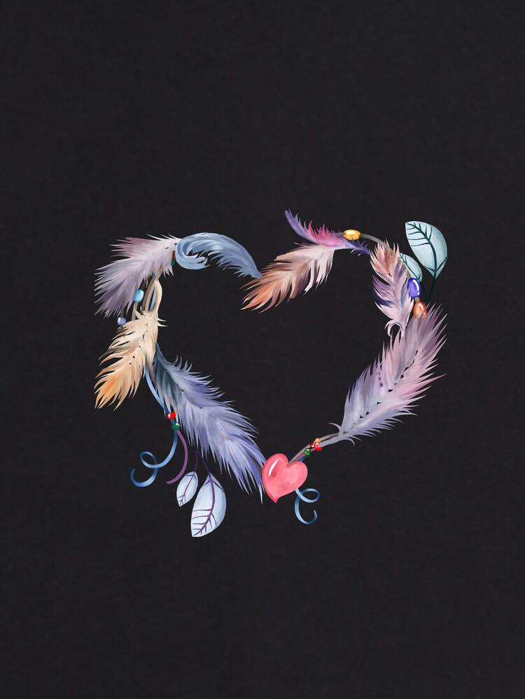 SHEIN LUNE Heart & Feather Print Tee - Black - View 4