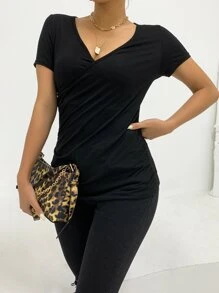 AAmilife Solid Ruched Tee - Black - View 1