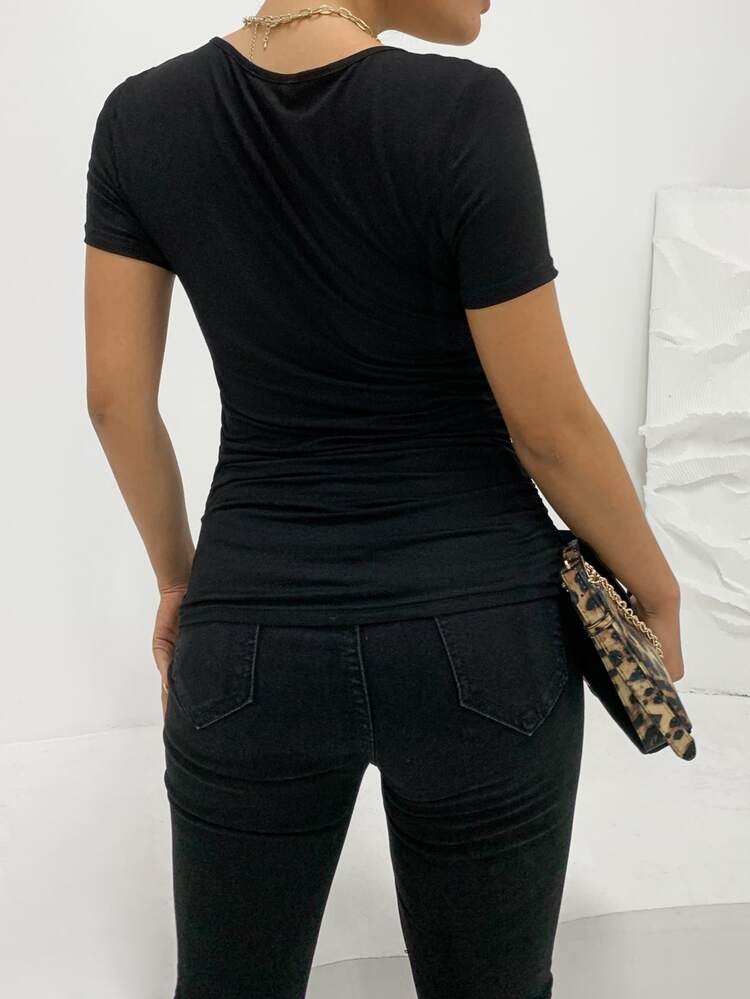 AAmilife Camiseta unicolor fruncido - Negro - Añade 2