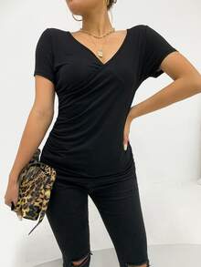 AAmilife Solid Ruched Tee - Black - View 3