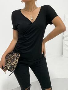 AAmilife Solid Ruched Tee - Black - View 4